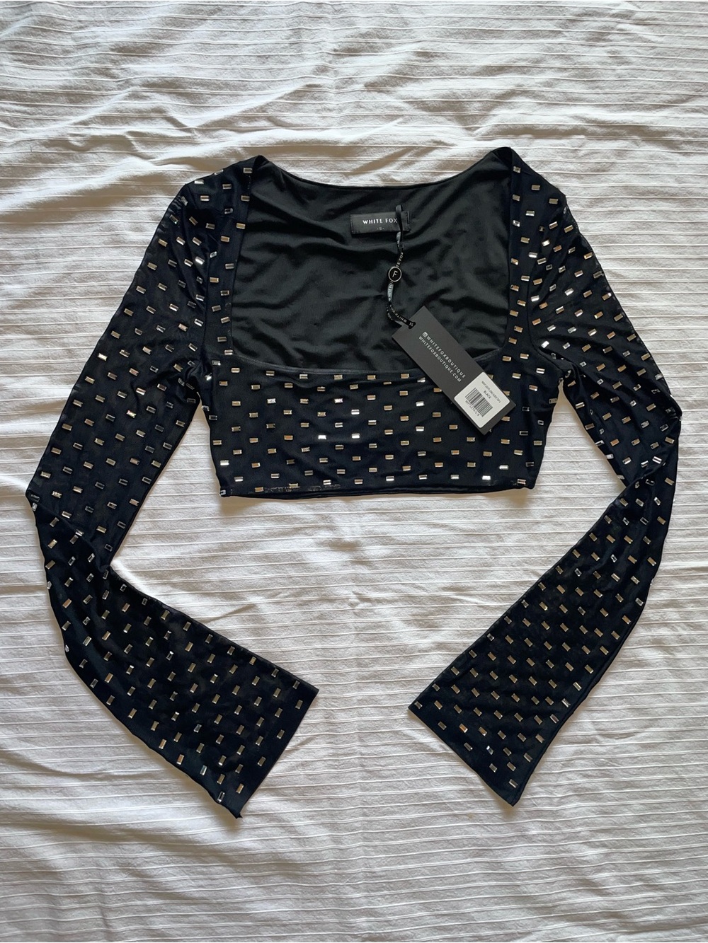 White Fox Boutique Black Long Sleeve Square Neck Crop Top with Sequins